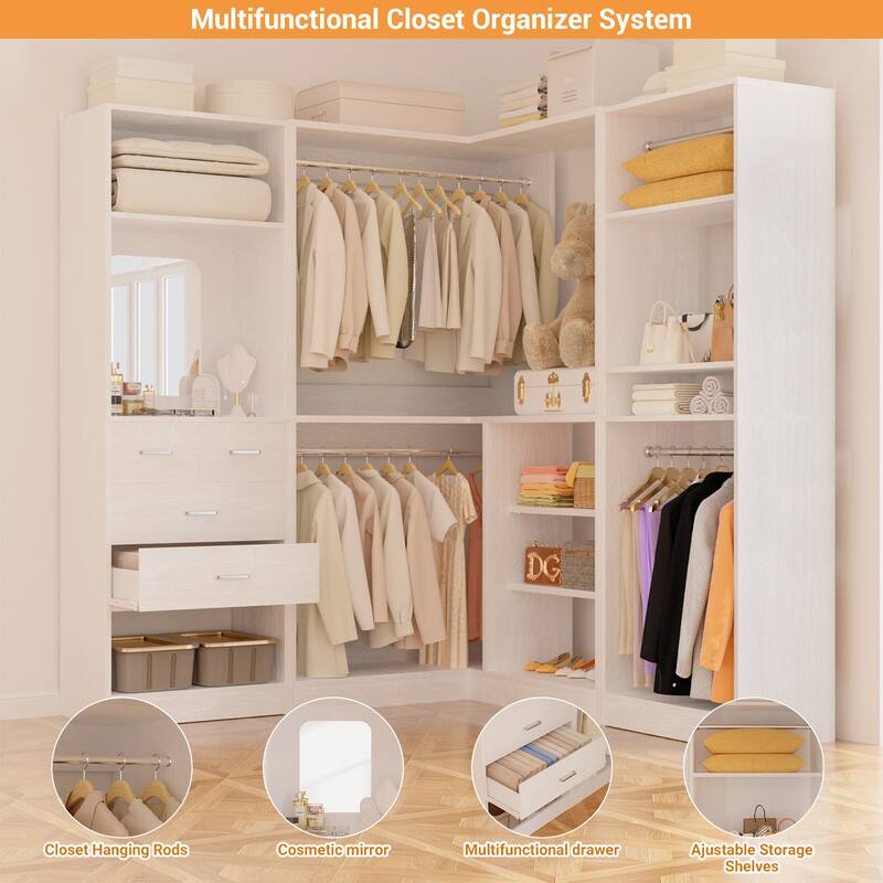 Cimly Set of 3 Corner Closet System with Hanging Rods, Space-saving Closet Organizer with Mirror
