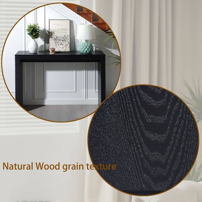Modern Black Ribbed Design Console Table with Wood Grain Tabletop, Sleek Entryway Table Living Room Accent Table