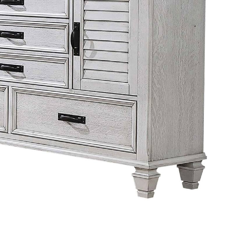 Eli Wide Dresser with Mirror, 5 Drawers 2 Cabinets, Distressed White