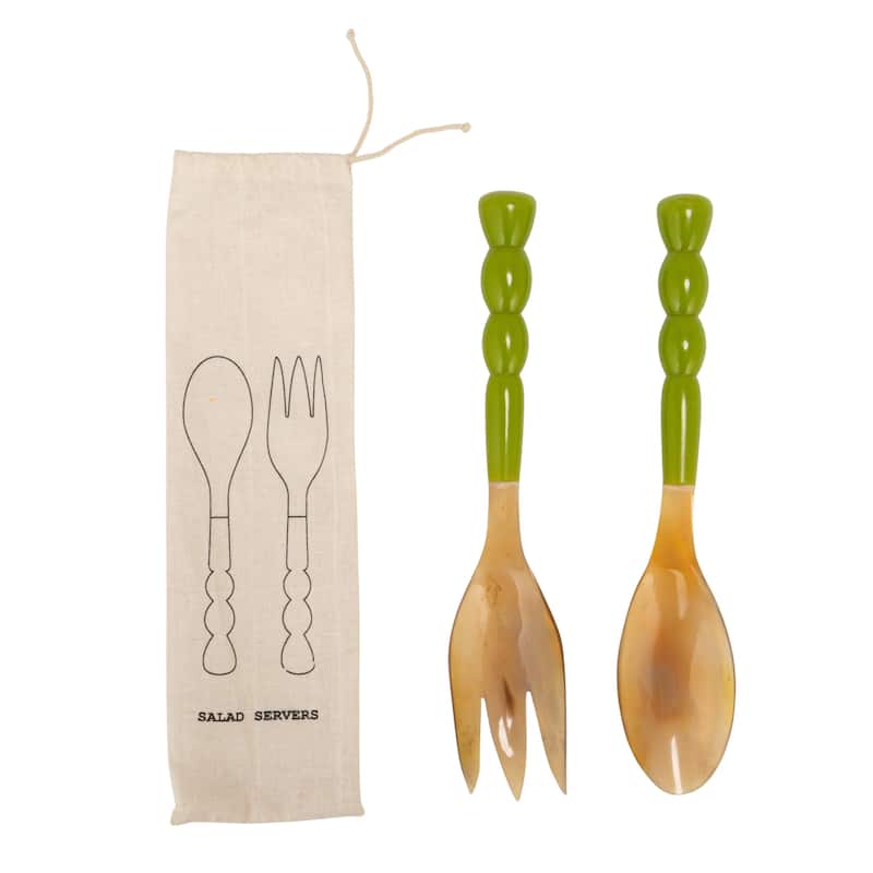 2-Piece Natural Horn Salad Server Set with Marbled Resin Handles - Green - 12.0"L x 2.5"W x 1.25"H