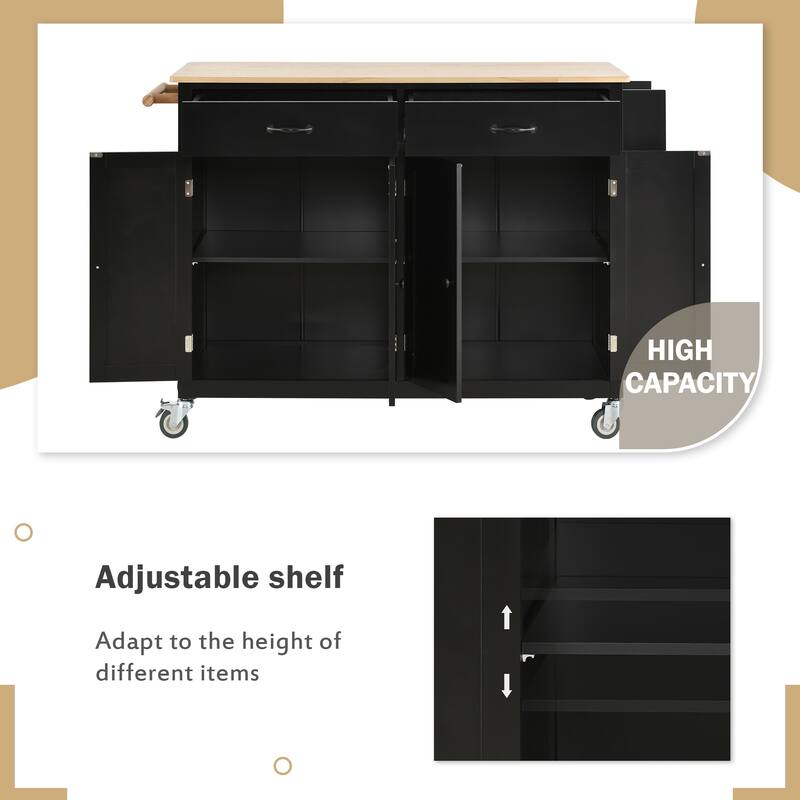 Black Solid Wood Kitchen Island with Locking Wheels, Rolling Kitchen Cart, Closed Storage Kitchen Cabinet with Rack