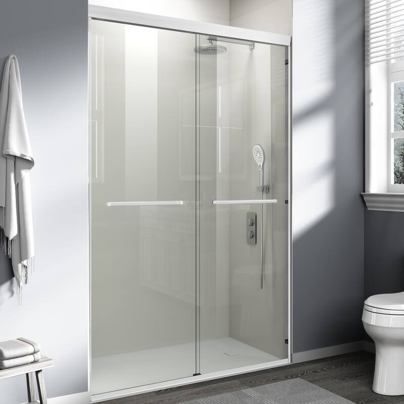 ABRUZZO 44-48" W x 72" H Semi-Frameless Double Sliding Tempered Glass Shower Door with Dual Towel Bars