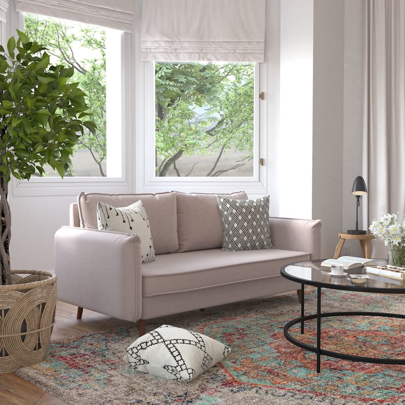 Compact Faux Linen Upholstered Sofa with Wooden Legs