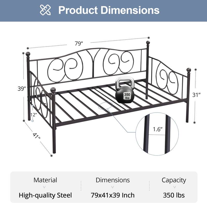 VECELO Metal Twin Size Daybed with Roman Column Legs Scroll Design Heavy Duty 350 lbs Capacity Sofa Bed for Living Room