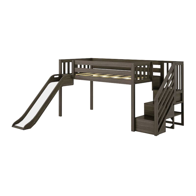 Max and Lily Classic Twin Low Loft with Stairs, Easy Slide and Curtain