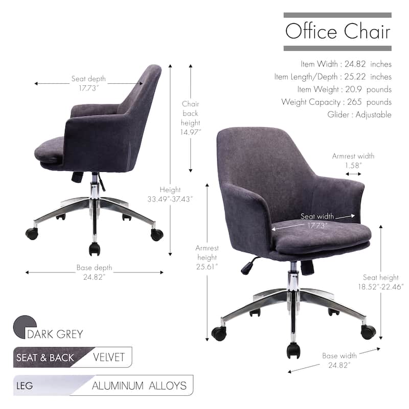 Porthos Home Nala Velvet Office Chair with Arms, Adjustable Seat