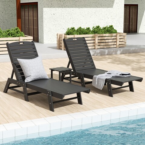 Reclining 3-Piece HDPE Plastic Chaise Lounge and Table Set - N/A