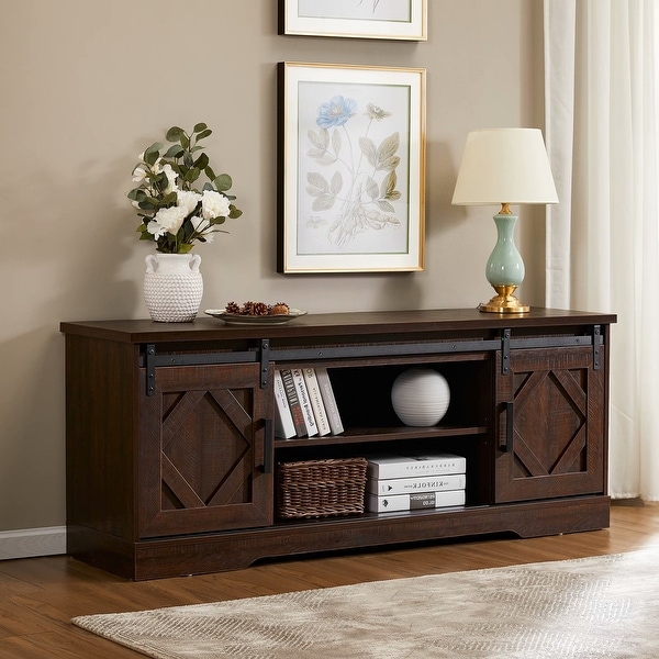 Famhouse Sliding Barn Door Wood TV Stand Storage Cabinet 59 Inch. Opens flyout.