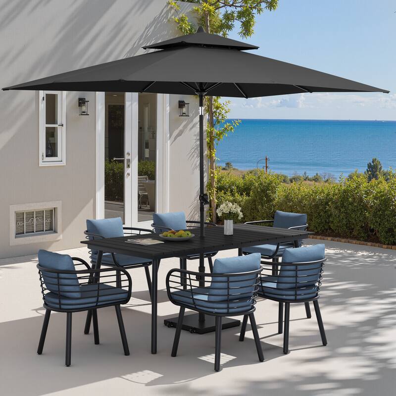 9PC Outdoor Patio Dining Set Aluminum Table with Sunbrella Cushion Chairs w/ Premium Market Umbrella Sets