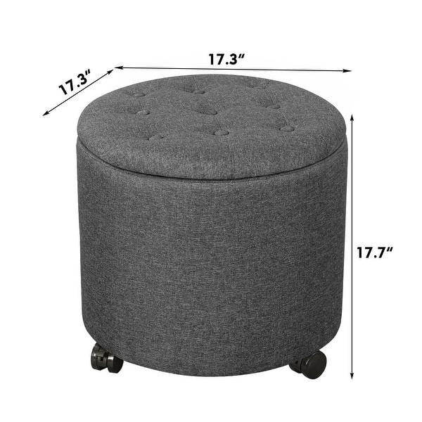 dimension image slide 3 of 5, Adeco Faux Leather Round Storage Ottoman with Tufted