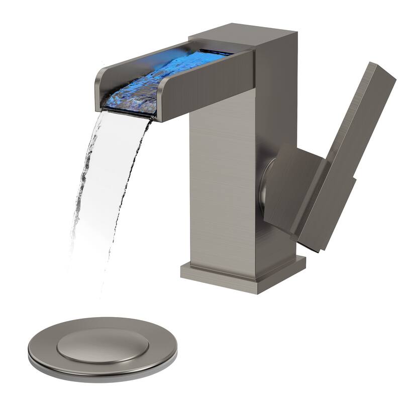 GRANDJOY LED Waterfall Bathroom Sink Faucet with Drain Assembly, Single Handle Vanity Fixture - Brushed Nickel