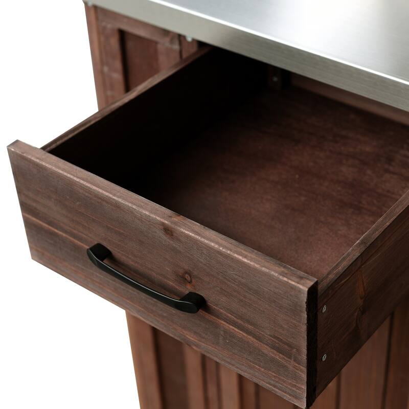 Fir Wood Outdoor Kitchen Prep Station Cart with Stainless Steel Top & Towel Rack