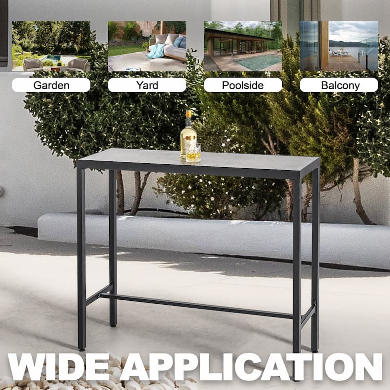 Outdoor Iron Rectangular Bar Table with 3D-Print Tempered Glass Tabletop, Black and Gray
