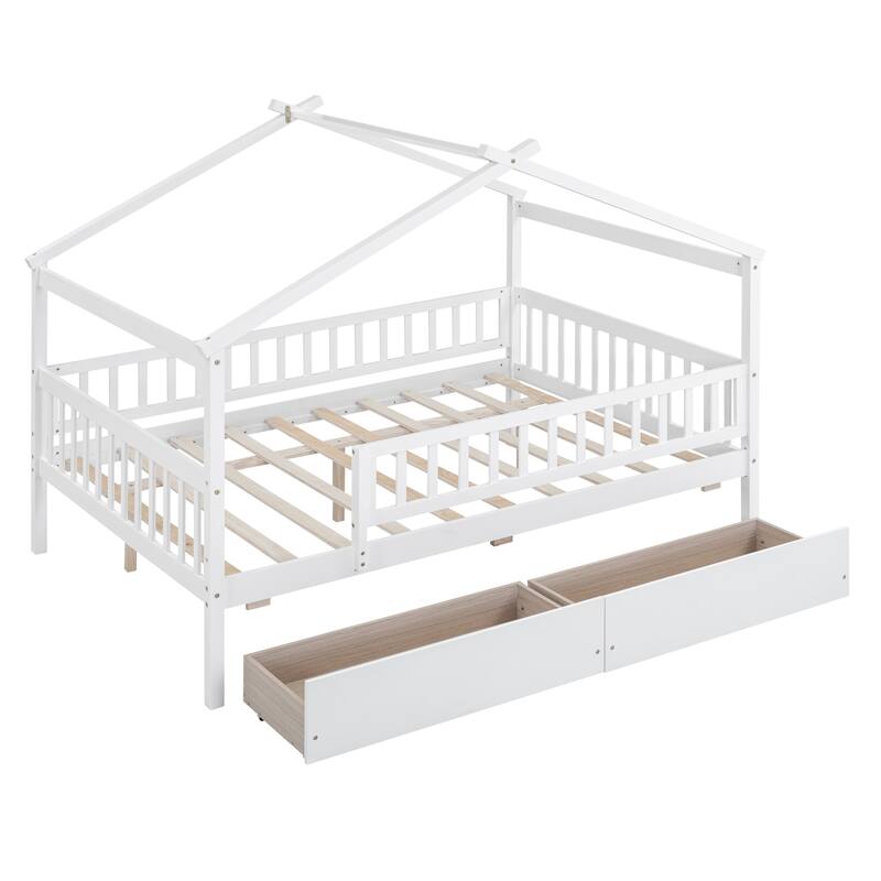 Kids Twin/Full Wooden House Bed with Roof and Storage Drawers, Solid Pine Frame