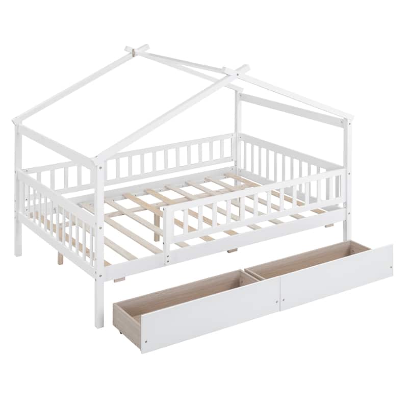 Wooden Full Size House Bed with Storage Drawers and Roof Design