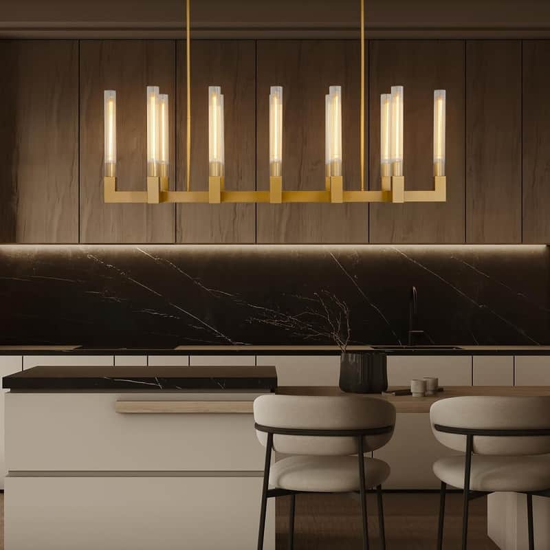 KAYLA 12-Light Candlestick Chandelier, Modern Chandelier with Glass Shade, Retangular Luxurious Ceiling Pendant Light - 54in