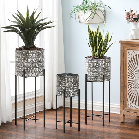 Grey and White Metal Cachepot Planters with Black Metal Stands (Set of 3)