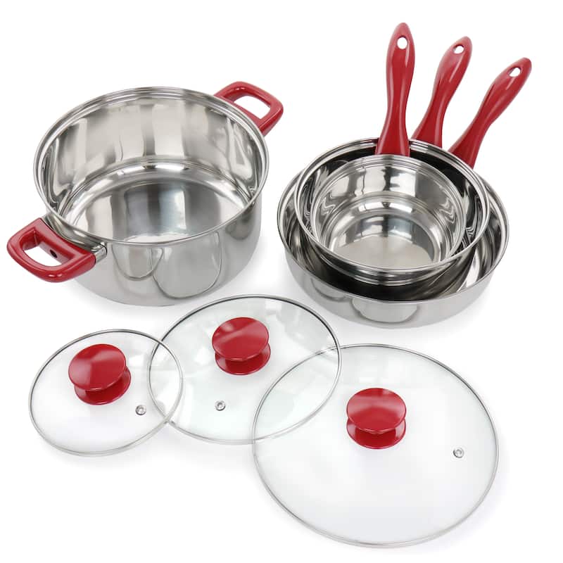 Jackson 7 Piece Silver Stainless Steel Cookware Set with Red Stay-Cool Handles