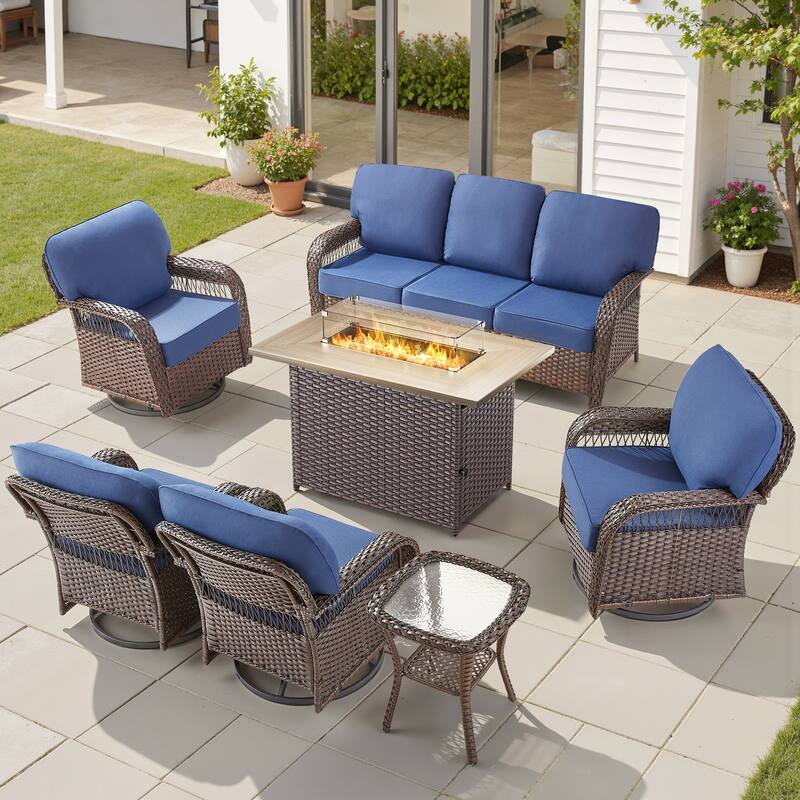 Pocassy Patio Sofa Ottoman Swivel Chair Table with Fire Table Set. - Brown Wicker Blue Cushion - 7-Piece Sofa Swivel Chair Table w/ Fie Pit Table
