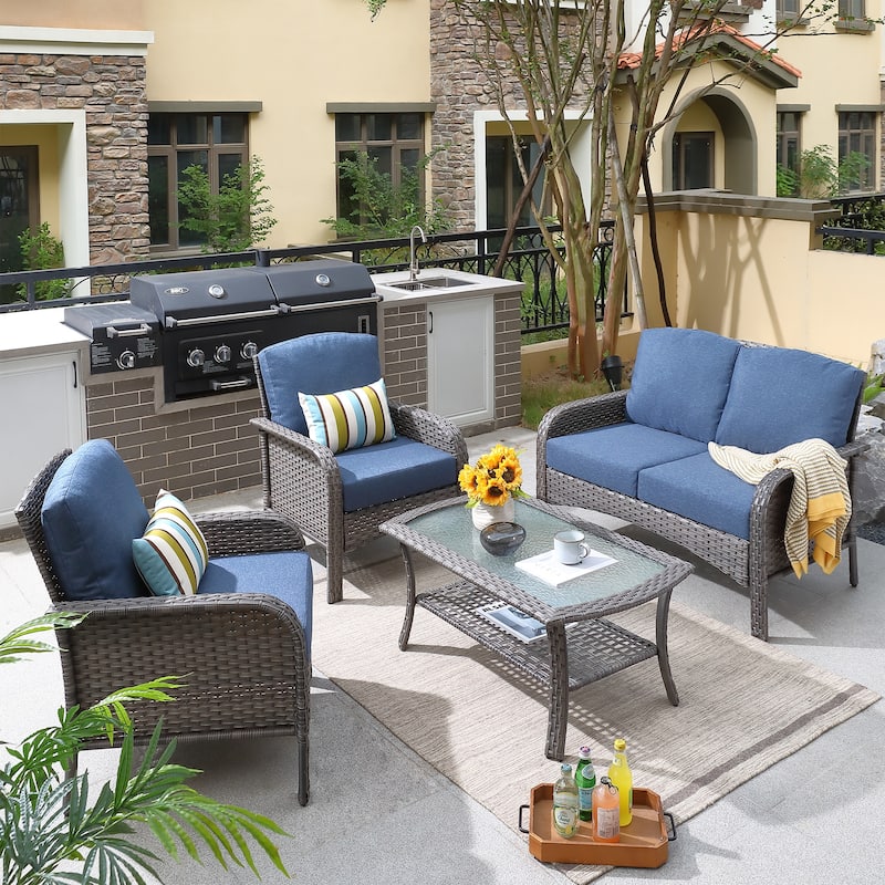 XIZZI 4-piece Outdoor Patio Furniture Conversation Set with Table - Denim Blue