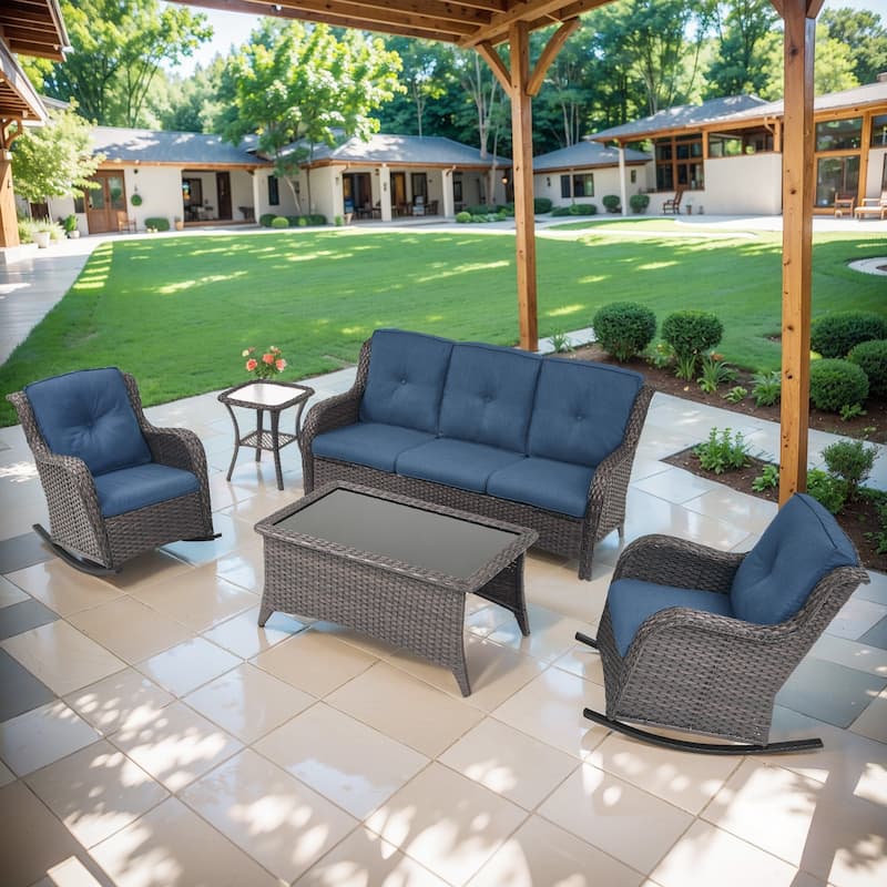 Gymojoy 5-Piece Outdoor Wicker Patio Furniture with 3 Seat Sofa, Rattan Coversation Set with Water Resistant Thick Cushions