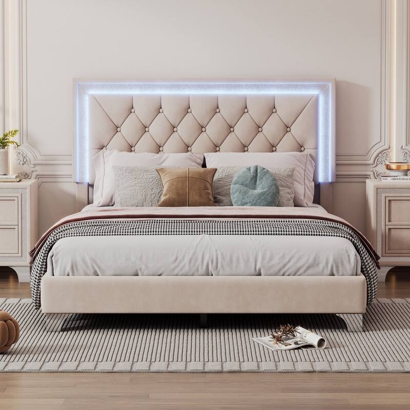 Full/Queen Size Velvet Bed Frame with LED Lights, Upholstered, Upholstered Platform Bed with