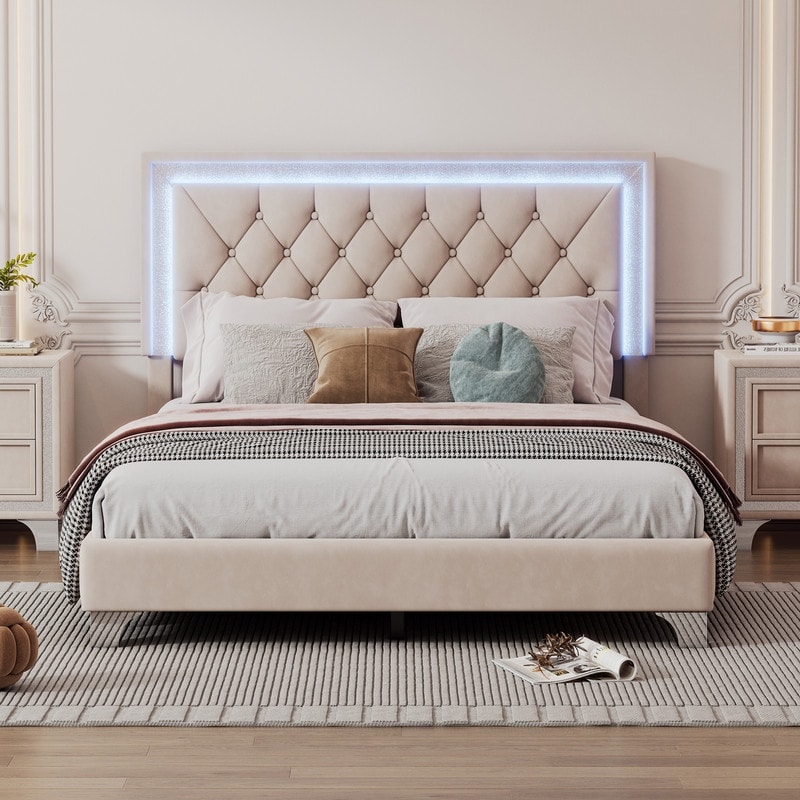 Full Queen Size Velvet Bed Frame with LED Lights Upholstered