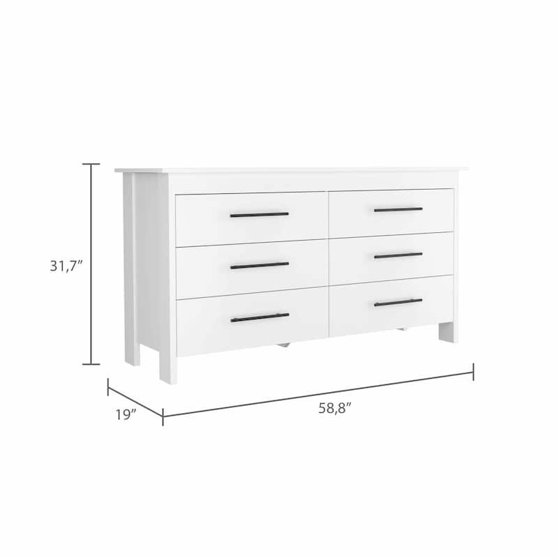 FM Furniture Luxor 6 Drawer Double Dresser with Roller Guides, Metal Pulls and 4 Legs