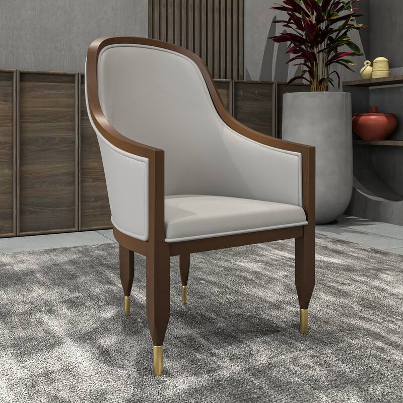 Leather Dining Chair with Arms with Rubberwood Frame Belle Series by LeisureMod
