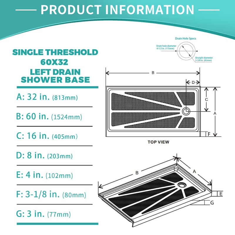 i-Homare 32" X 60" Right Drain Single Threshold Rectangular Shower Base