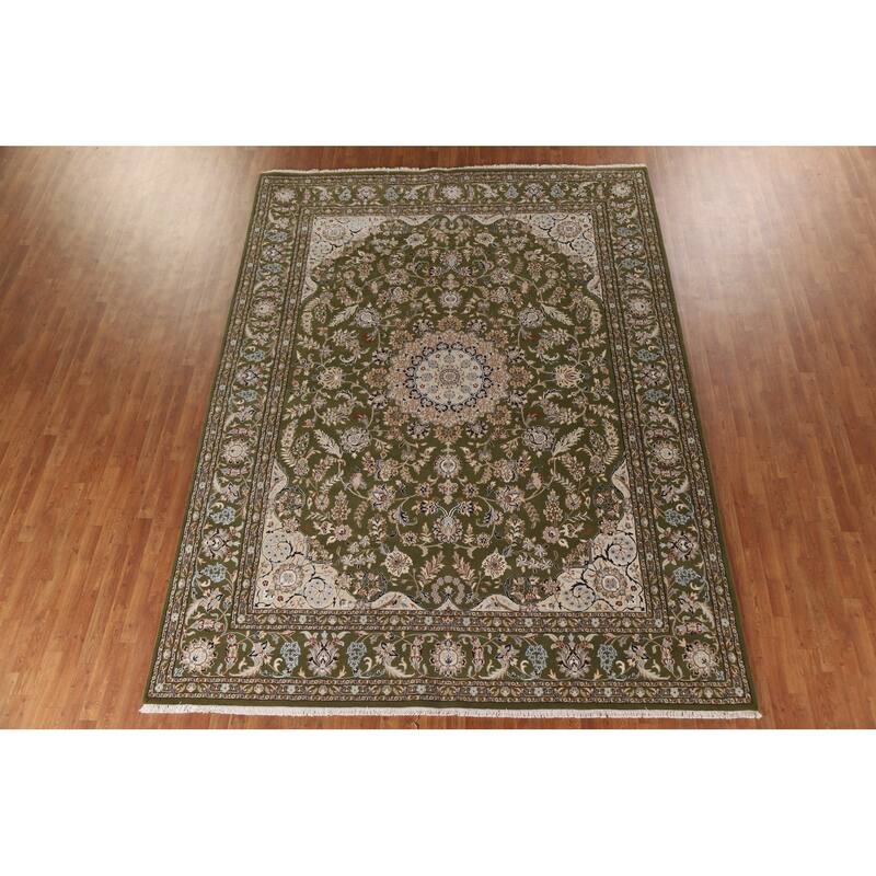 Traditional Green Kashan Oriental Area Rug Floral Wool & Silk Carpet - 9'0"x 12'0"