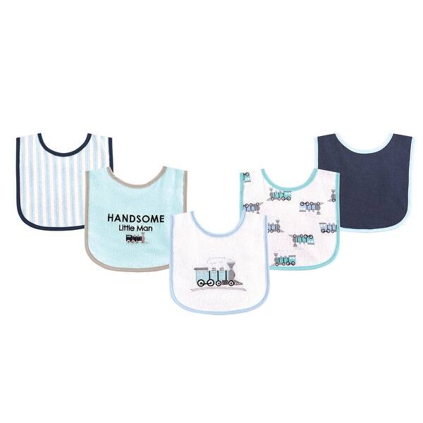 slide 1 of 1, Luvable Friends Baby Boy Cotton Terry Drooler Bibs with PEVA Back 5pk, Train, One Size - Train - One Size One Size - Train