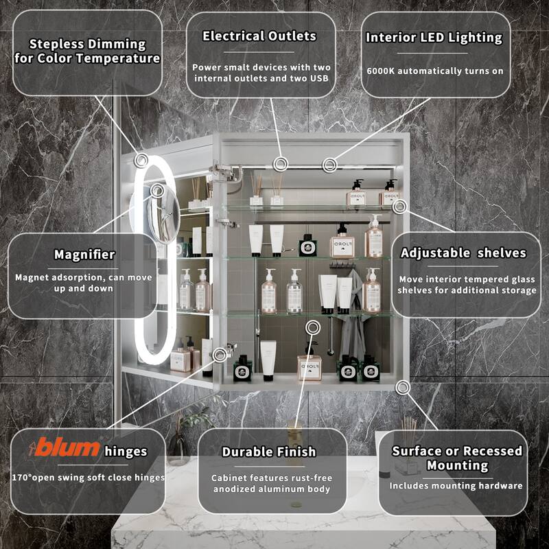 Modland 20"-24"W x 32"H Medicine Cabinet with Mirror and LED Light Wall Mount or Recessed
