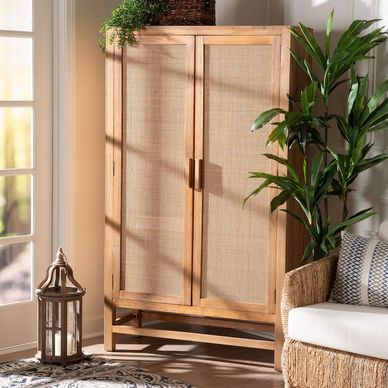 Sibu Storage Cabinet with Rattan Doors - Tall Accent Cabinet with Double Doors and Four Interior Shelves