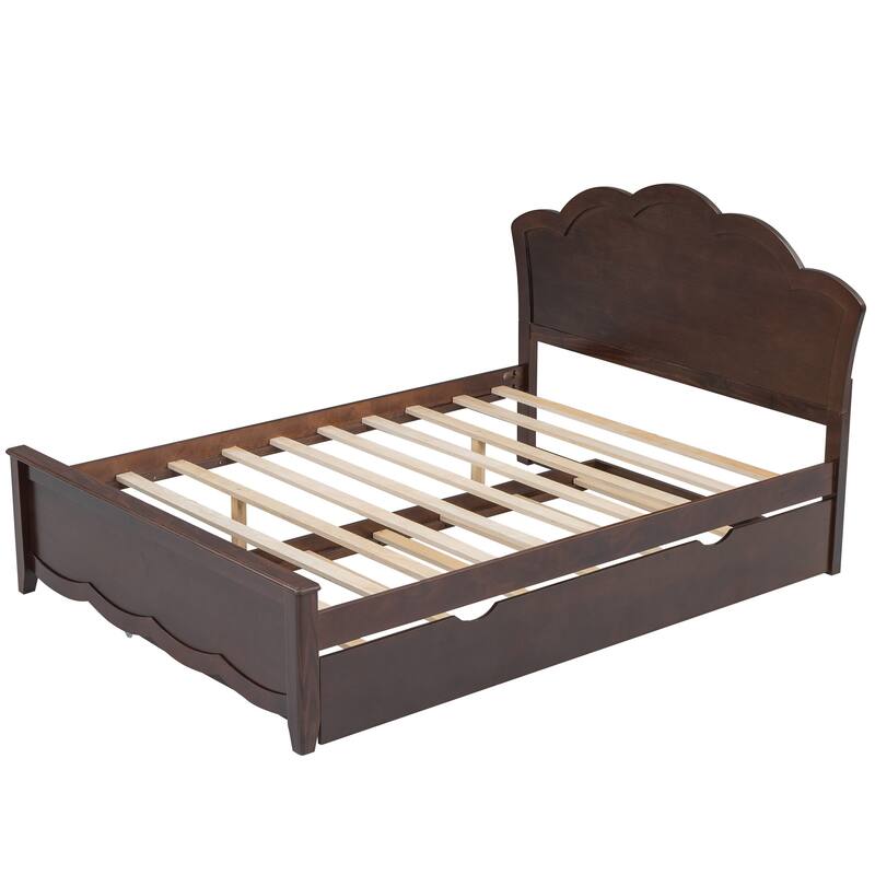 Single Bed Wood Platform Bed with Wave Shape Headboard and Footboard, Twin Size Trundle Bed Underneath No Box Spring Needed