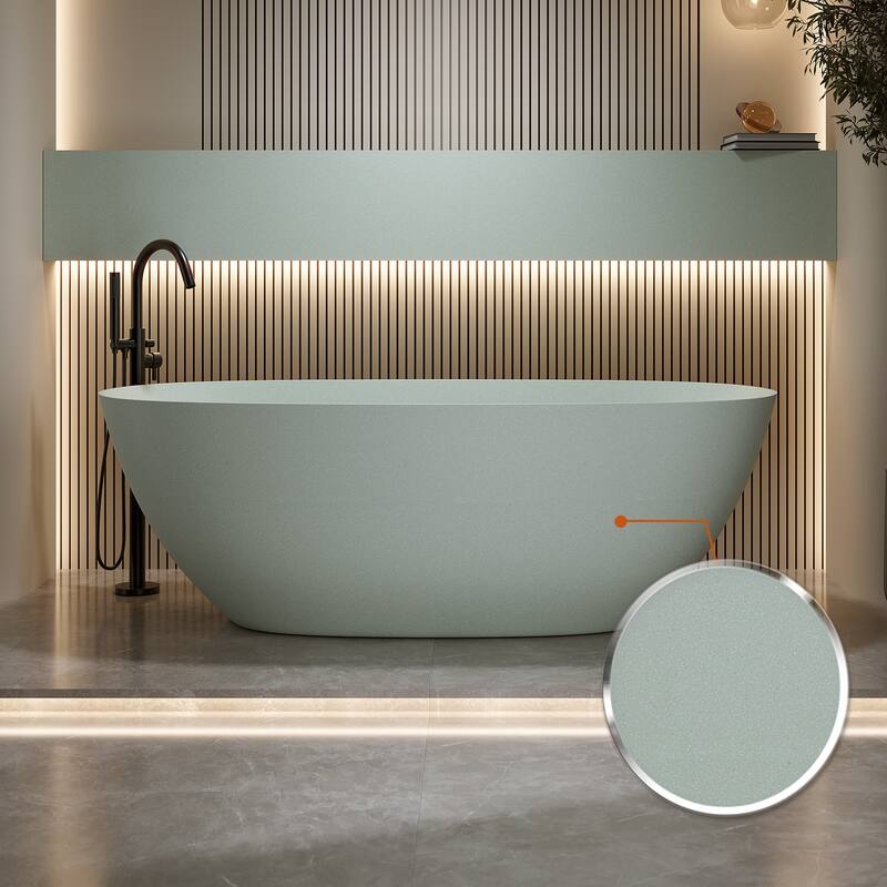 Luxury Solid Surface Freestanding Soaking Bathtub with Center Drain and Pop-up Drain, Modern Beige Tub with Overflow