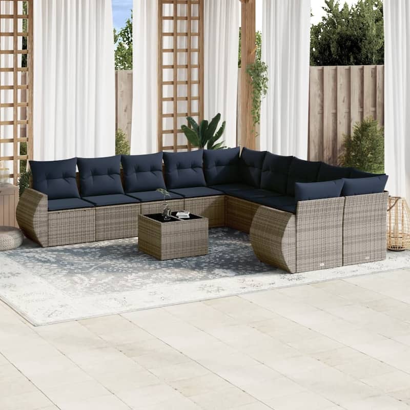 vidaXL 10 Piece Patio Sofa Set with Cushions Grey Poly Rattan - 24.4" x 24.4" x 27.2" - Grey and blue With table