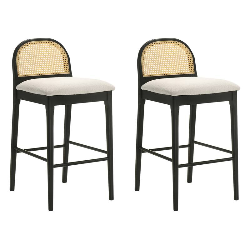Lucio Modern Farmhouse Wood Counter Height Kitchen Bar Stool with White Boucle Fabric Upholstered Seat - Set of 2 - White/Black - Bar Height