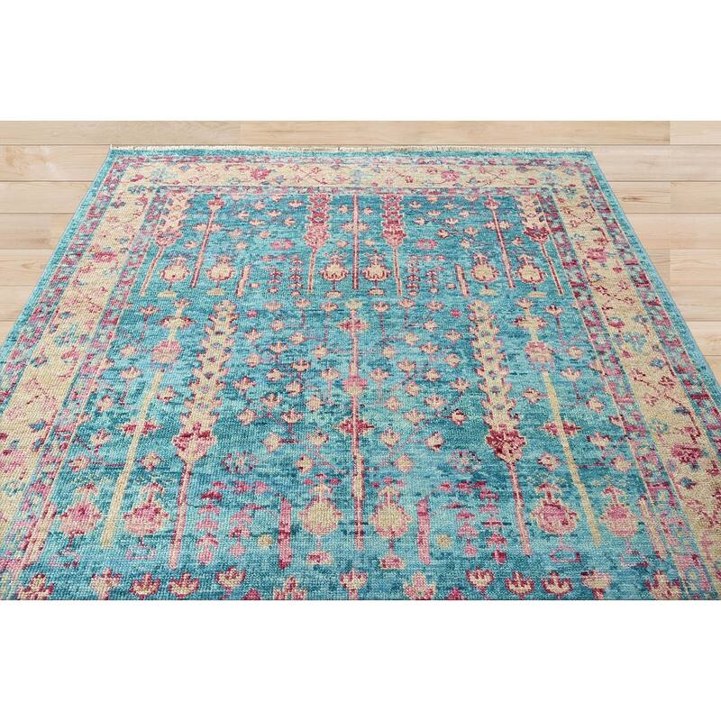 Hand Knotted Turkish Oushak Turquoise Arts & Crafts Wool Area Rug