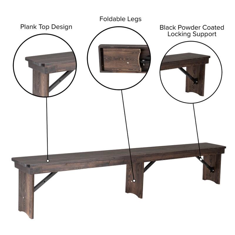 8' x 12" Antique Rustic Solid Pine Folding Farm Bench with 3 Legs