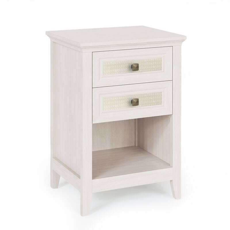 Wood Accent Boho Nightstand with 2 rattan Drawers - White