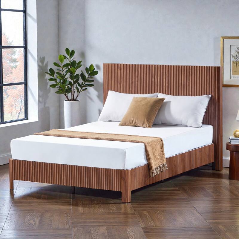 Wood Bed Frame with Corrugated Curved Wood Panels, Heavy Duty Metal Support, No Box Spring Needed