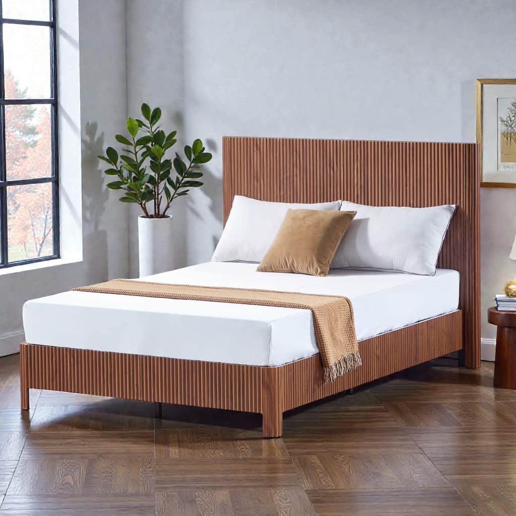 Wood Bed Frame with Corrugated Curved Wood Panels, Heavy Duty Metal Support, No Box Spring Needed