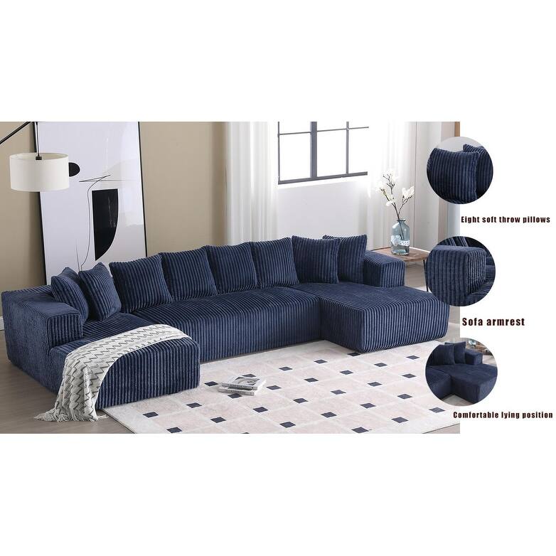 131'' Modular U-shaped Striped Corduroy 4 Seater Sofa, Blue