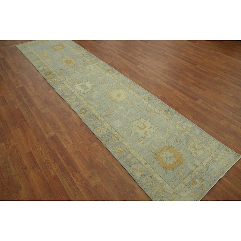 Vegetable Dye Wool Oushak Turkish Runner Rug, Floral Geometric Carpet - 11' 7'' X 2' 9''