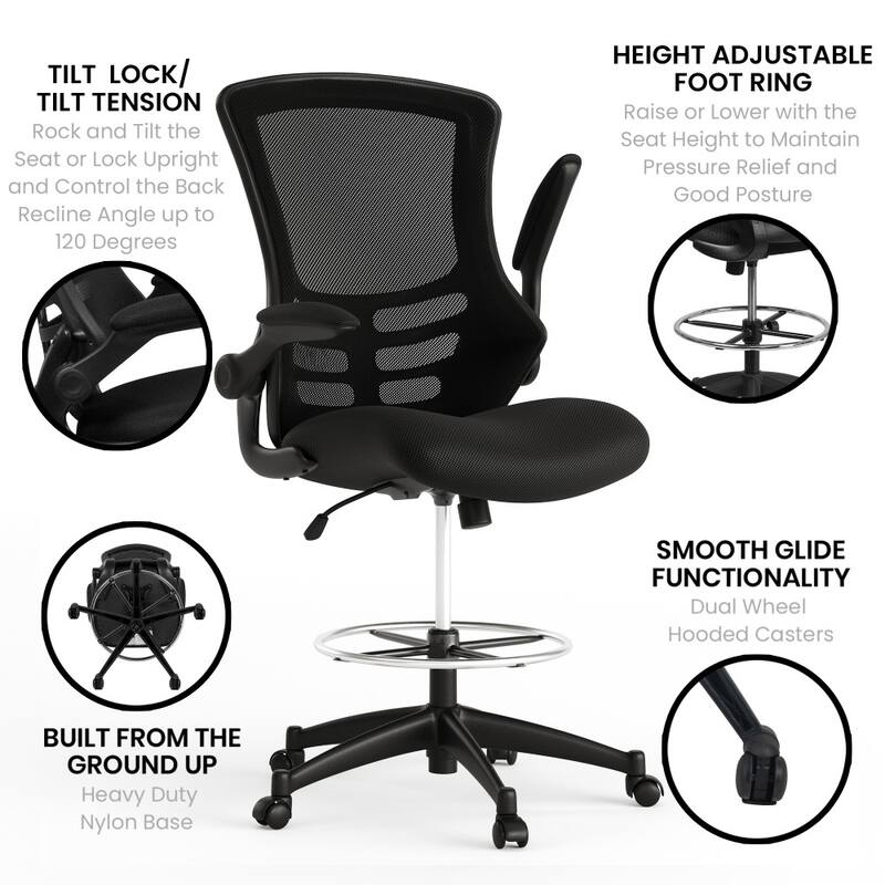 Mid-Back Ergonomic Drafting Chair with Adjustable Foot Ring and Flip-Up Arms