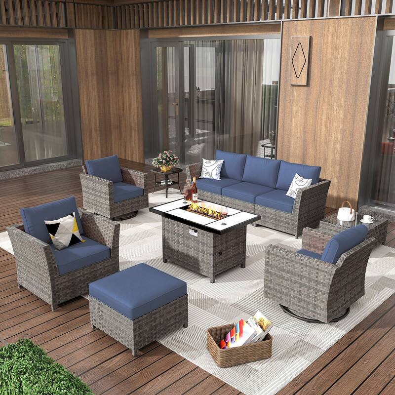 HOOOWOOO 10-piece Wicker Patio Furniture Outdoor Sectional Sofa Set with Fire Pit - Denim Blue