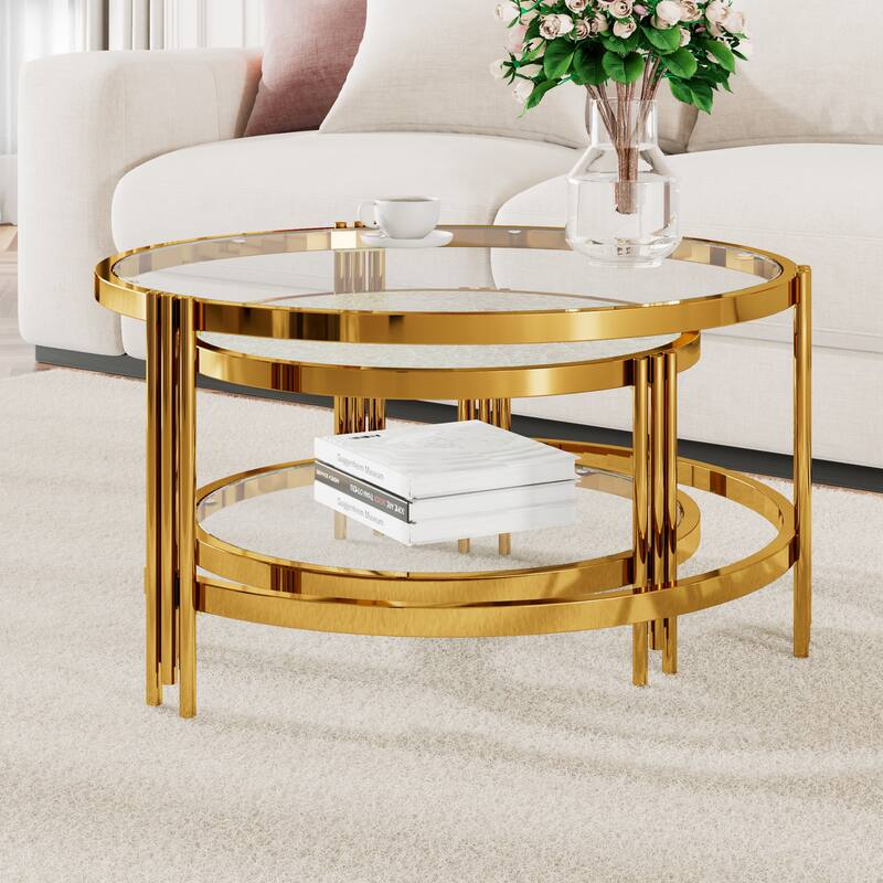 2-Piece Nesting Coffee Table Set, Round Glass Top Center Table with Lower Shelf, 2-Tier Metal Frame Storage Accent Tables