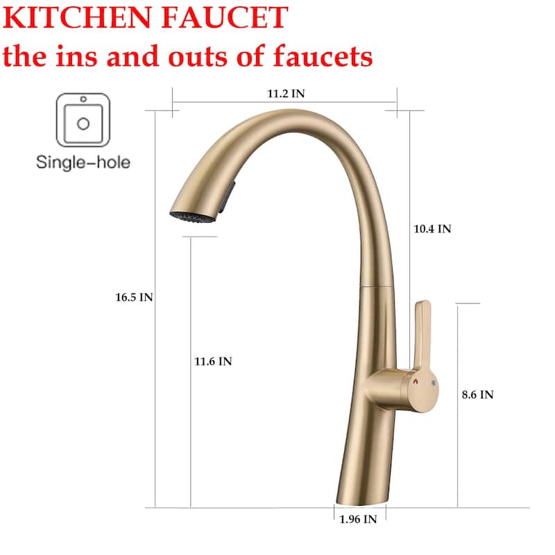 Single Handle Kitchen Faucet with Pull Down Sprayer Modern Single Hole Stainless Steel Kitchen Sink Faucets Brushed Gold