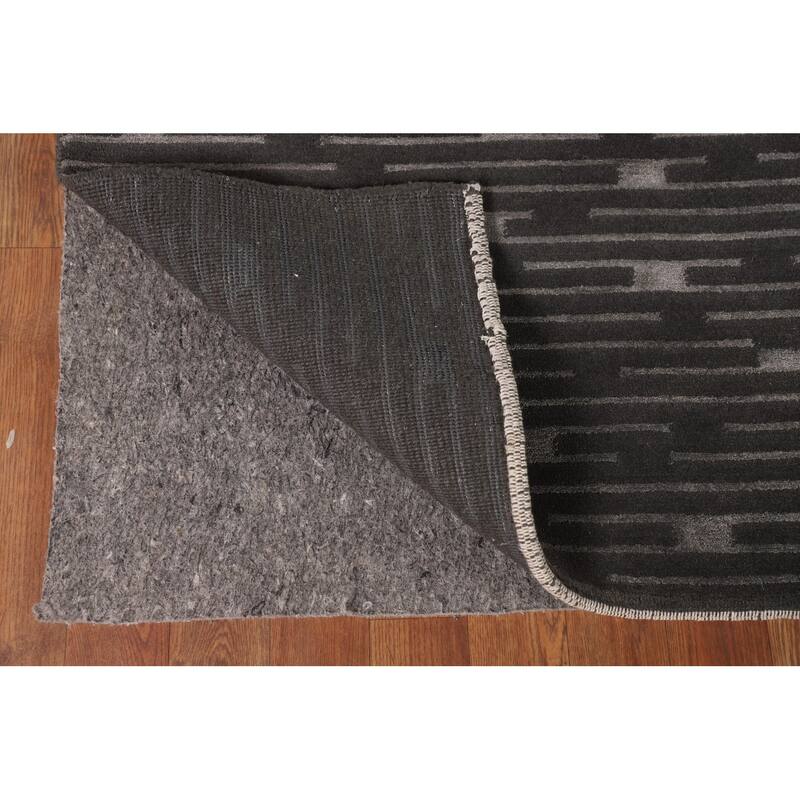 Striped Black Nepalese Indian Area Rug Hand-Knotted Wool Carpet - 9'0" x 11'8"